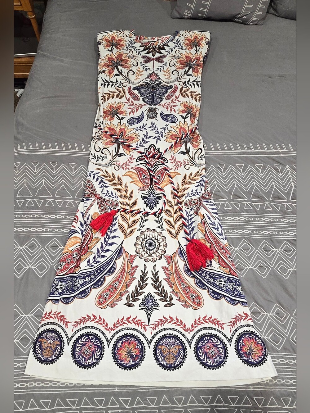 Farm Rio Boho Glam Off White Midi Dress With Floral Print Size Small